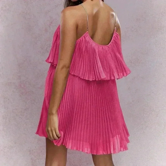 Hot Pink Casual Women's Tiered Pleated Ruffle Cami Mini Dress - Picture 2 of 4